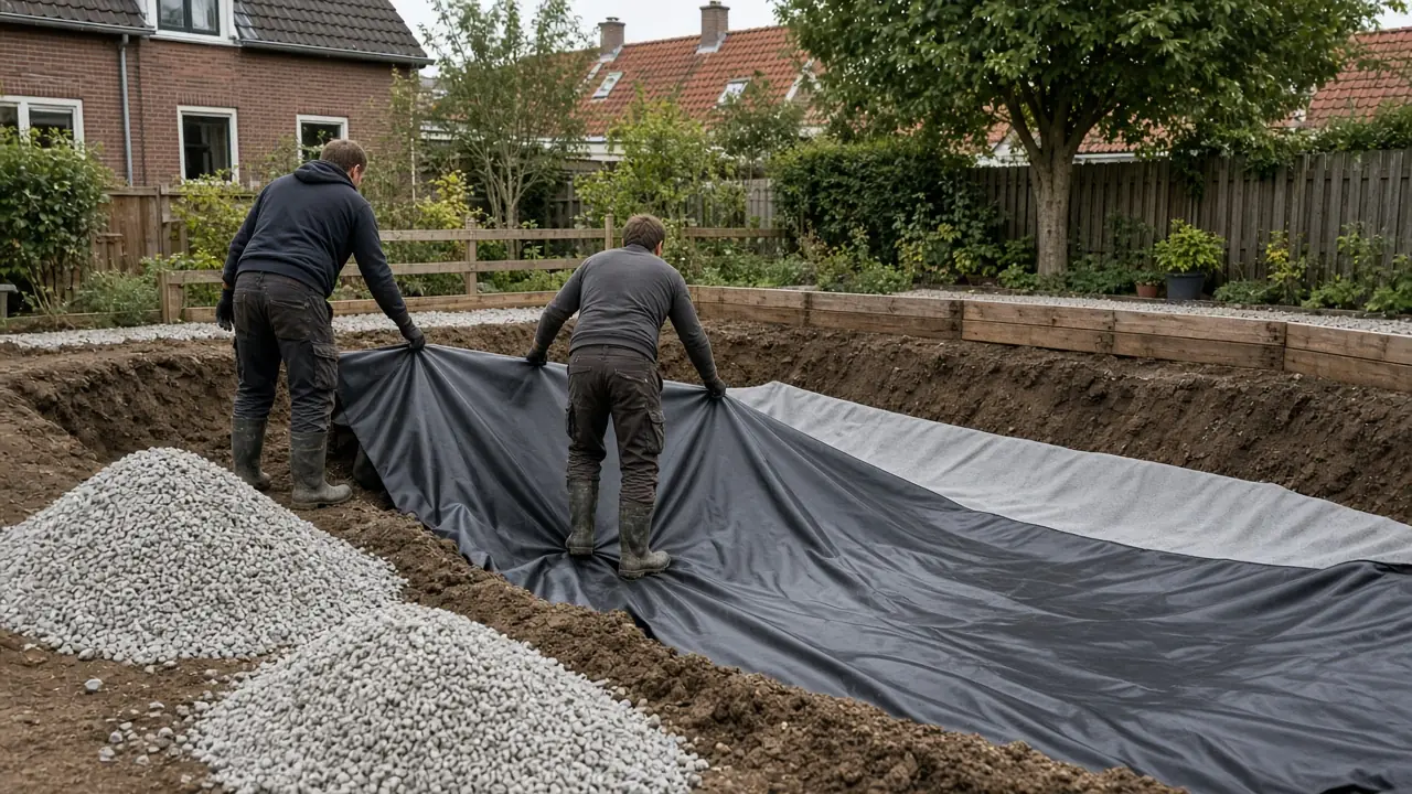 Aanleg van een zwemvijver met folie en grind in een woontuin in Amsterdam