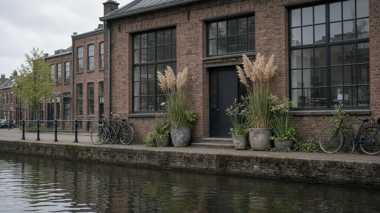 Atelier van VonkNL in een bakstenen pakhuis aan het water in Amsterdam Oost