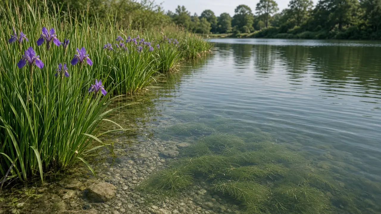 Beplante regeneratiezone met riet en iris als natuurlijke vijverfilter in Amsterdam
