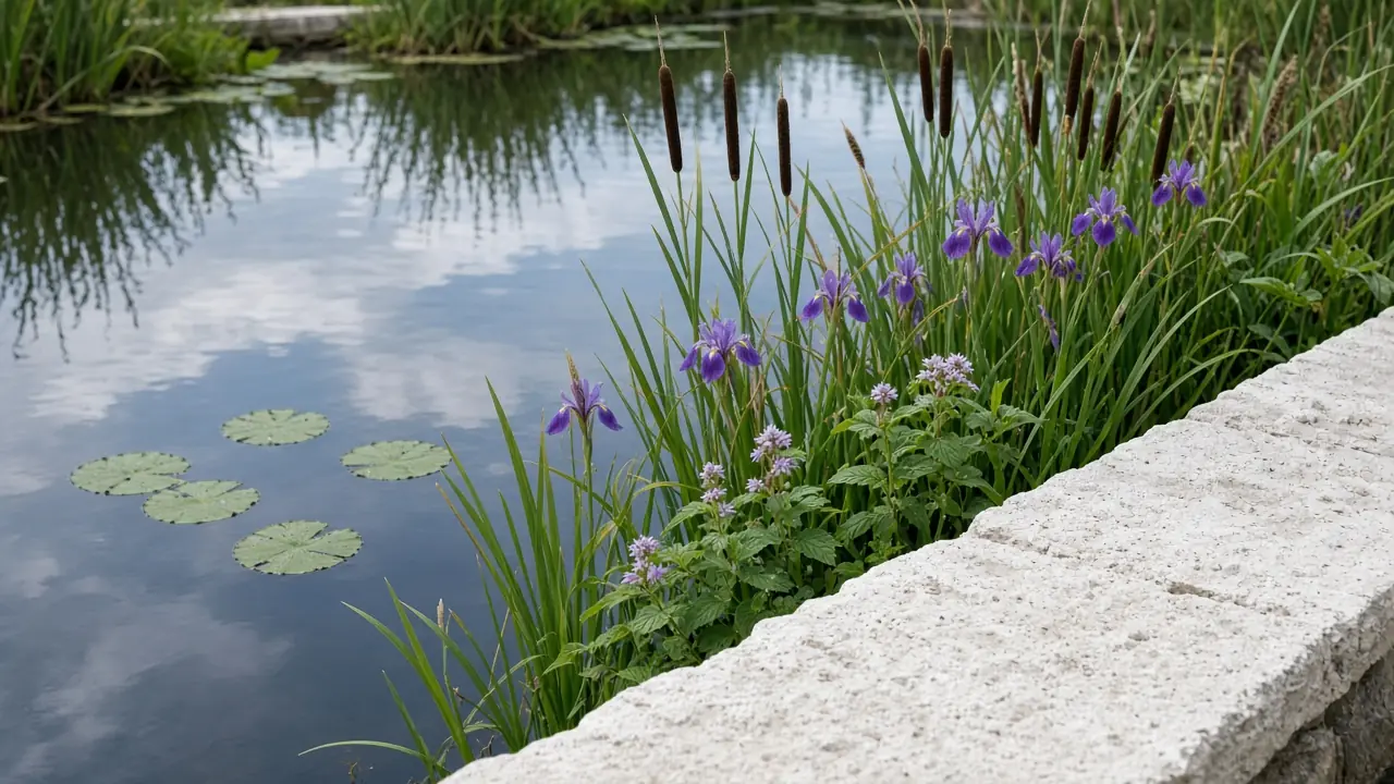 Oeverplanten met iris en riet langs de rand van een zwemvijver in Amsterdam