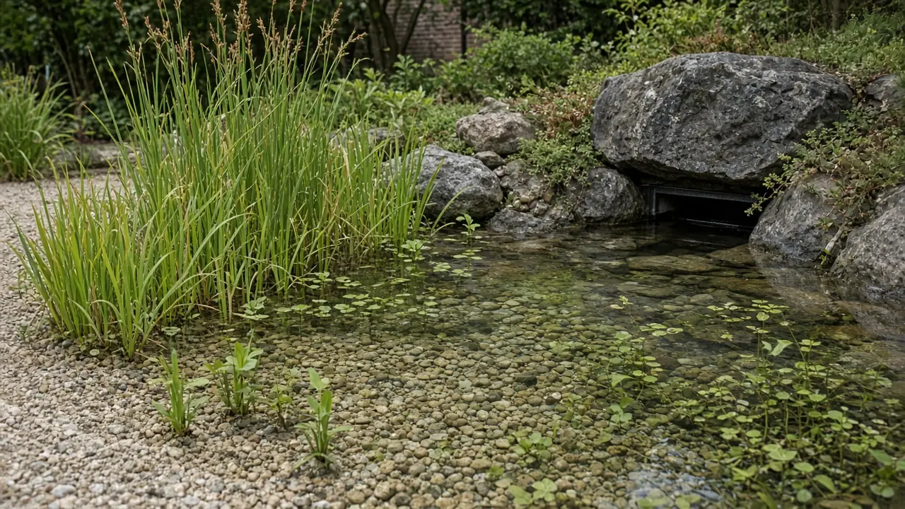 Grindfilter met riet naast een verborgen skimmer van een zwemvijver in Amsterdam