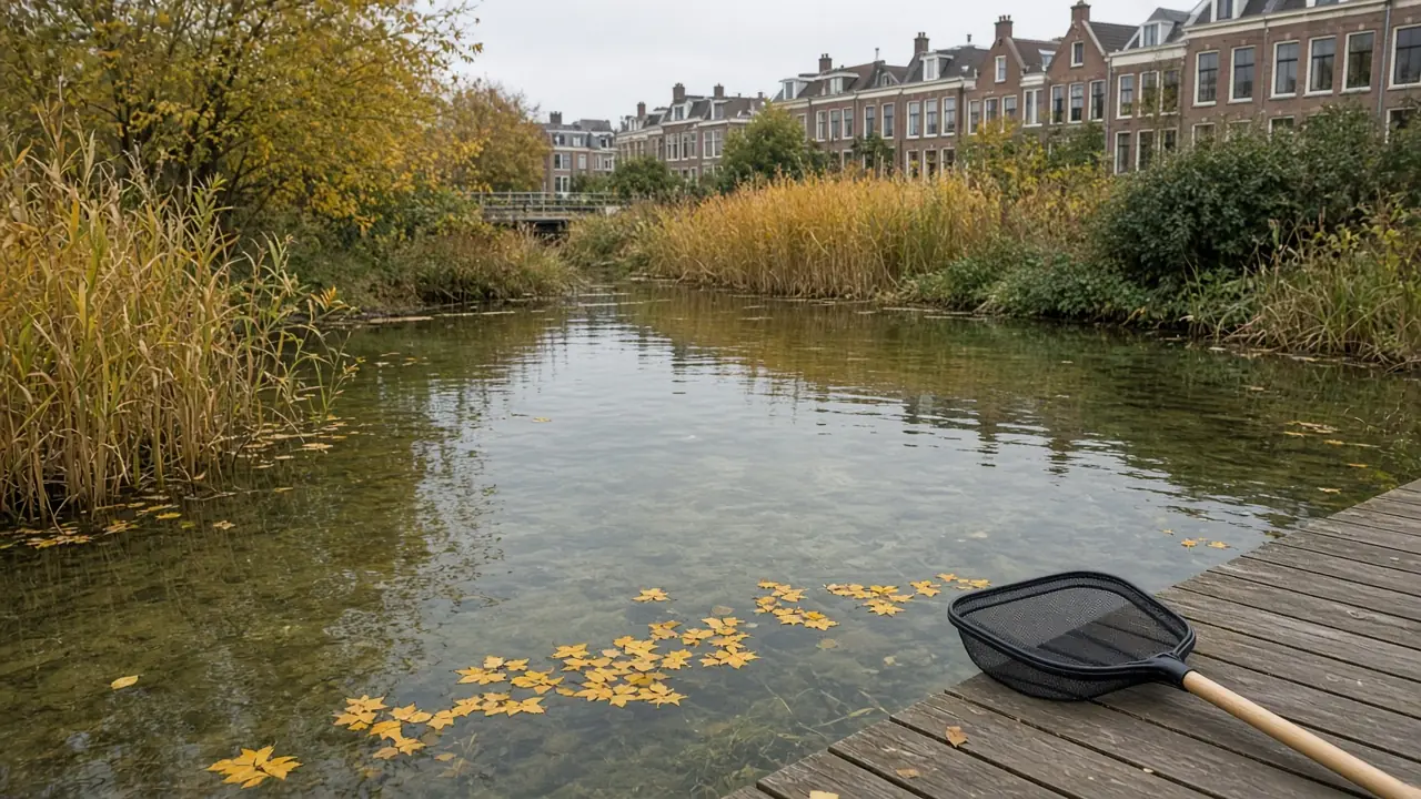 Herfstblad drijft op een biotoopvijver met schepnet op de houten vlonder in Amsterdam