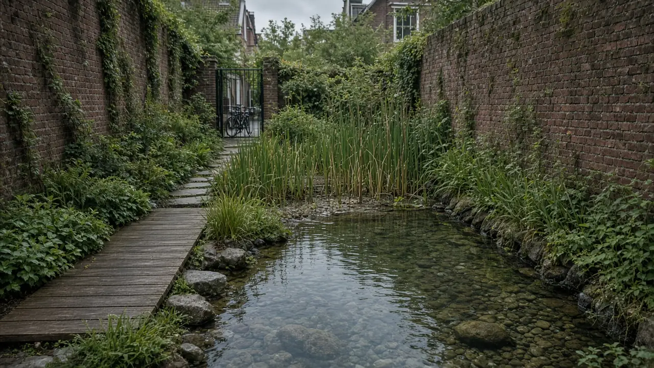 Compacte zwemvijver tussen bakstenen muren in een smalle stadstuin in Amsterdam