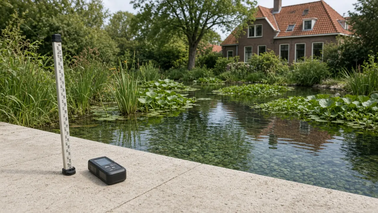 Veldmeting met baak en laser op de rand van een biotoopvijver in Amsterdam