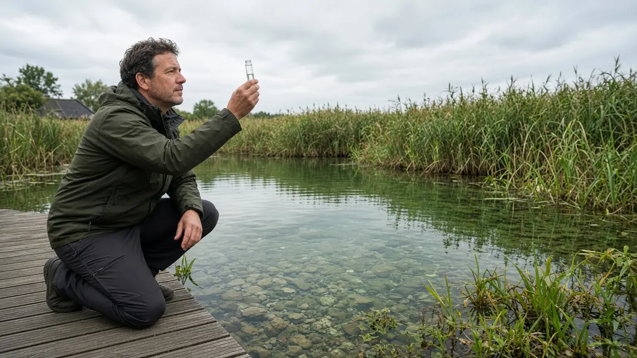 Watermonster nemen aan de rand van een heldere zwemvijver in een Amsterdamse tuin