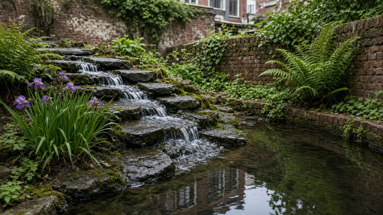 Ondiepe waterpartij over donkere steen met varens en iris in een Amsterdamse stadstuin