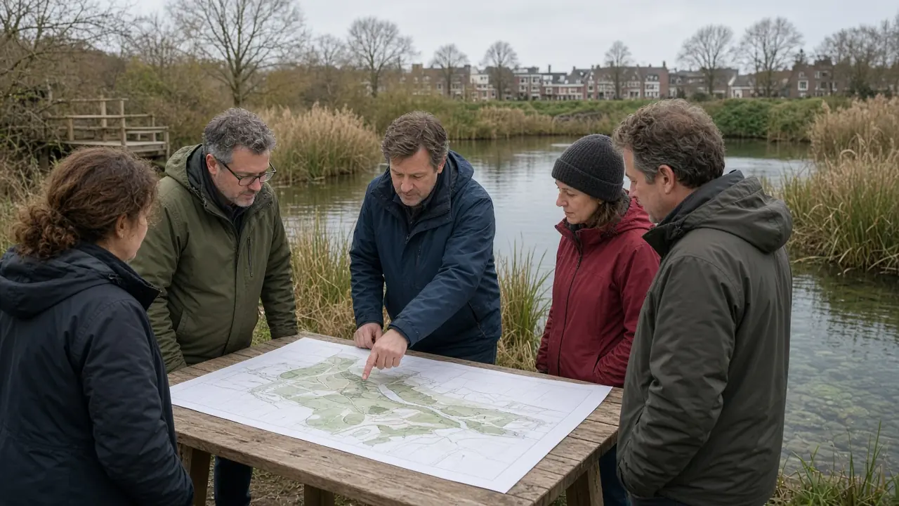 Deelnemers bekijken een vijverplan tijdens de zwemvijvercursus van VonkNL in Amsterdam